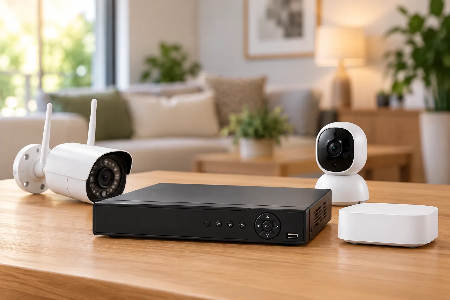 Concept illustration of a recording unit, a small hub and security cameras on a table.