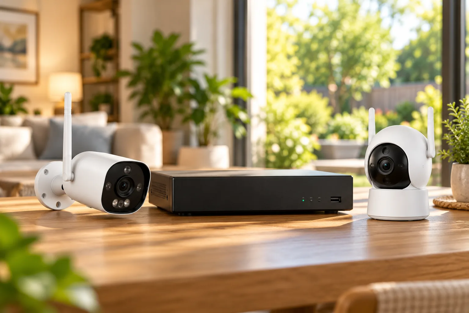 Concept illustration of outdoor and indoor security cameras beside a recording hub.