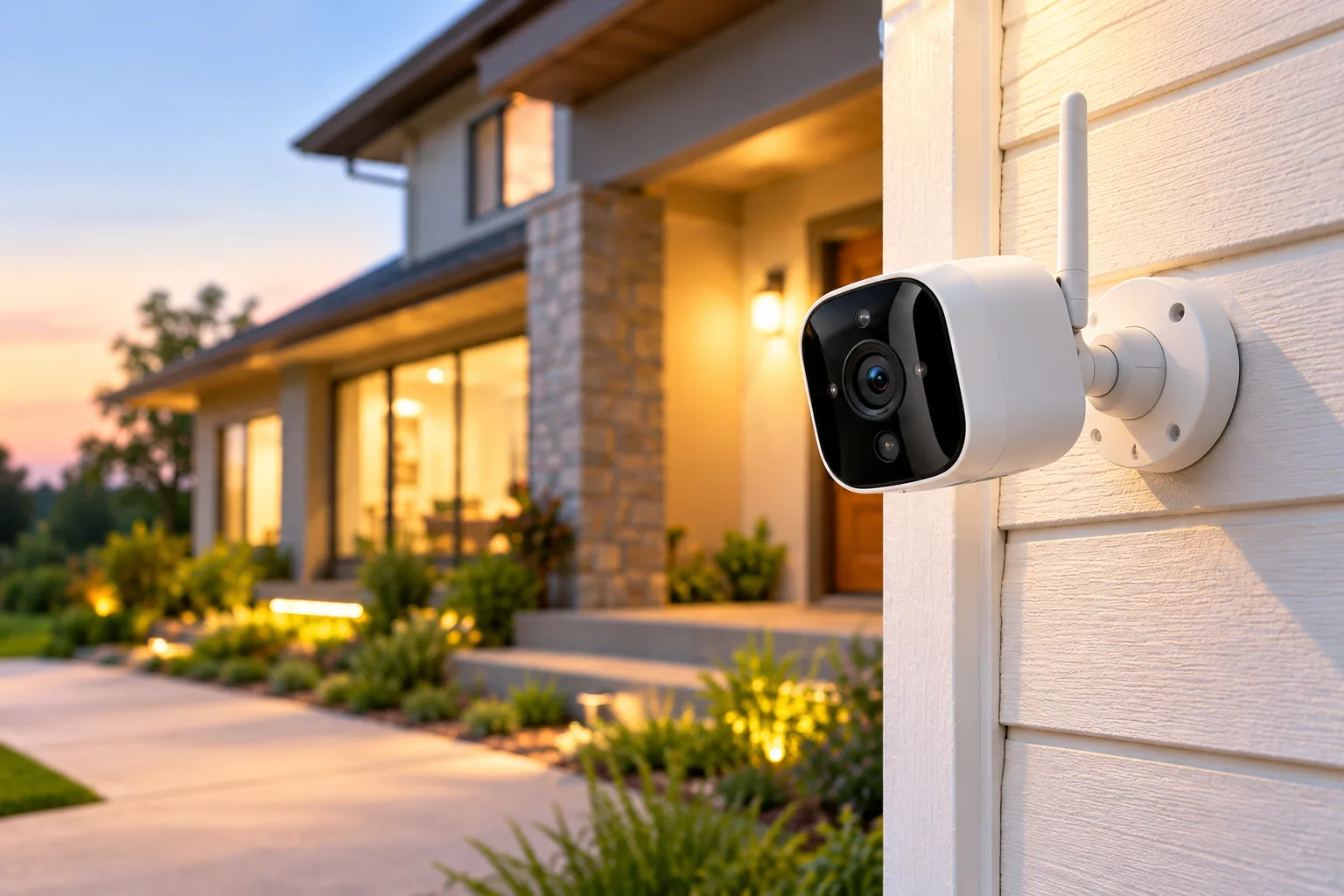 Concept illustration of a wireless home security camera mounted beside an entryway.