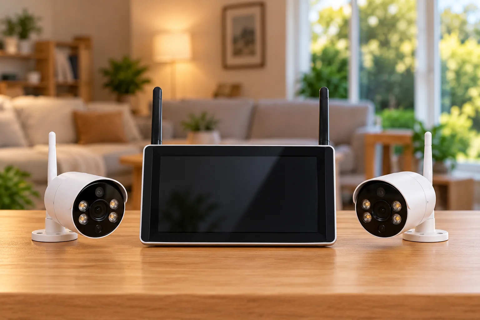 Concept illustration of a security monitor with a dark screen and two wireless cameras.