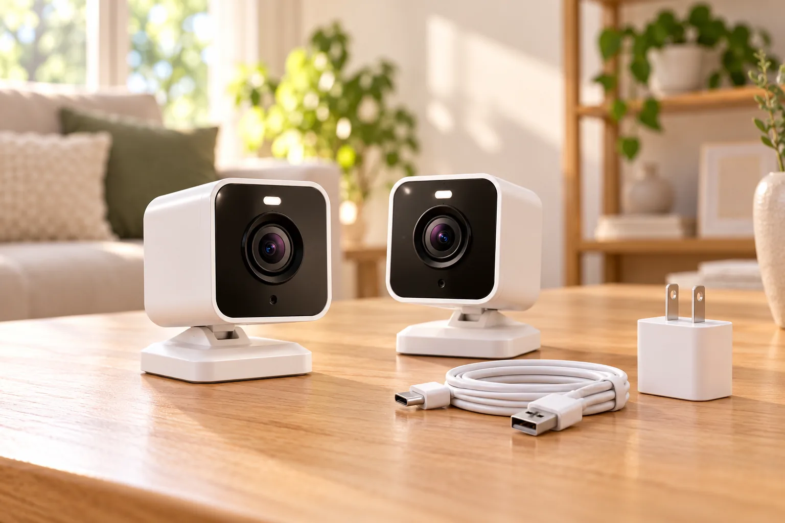 Concept illustration of two compact security cameras beside a power cable and adapter.
